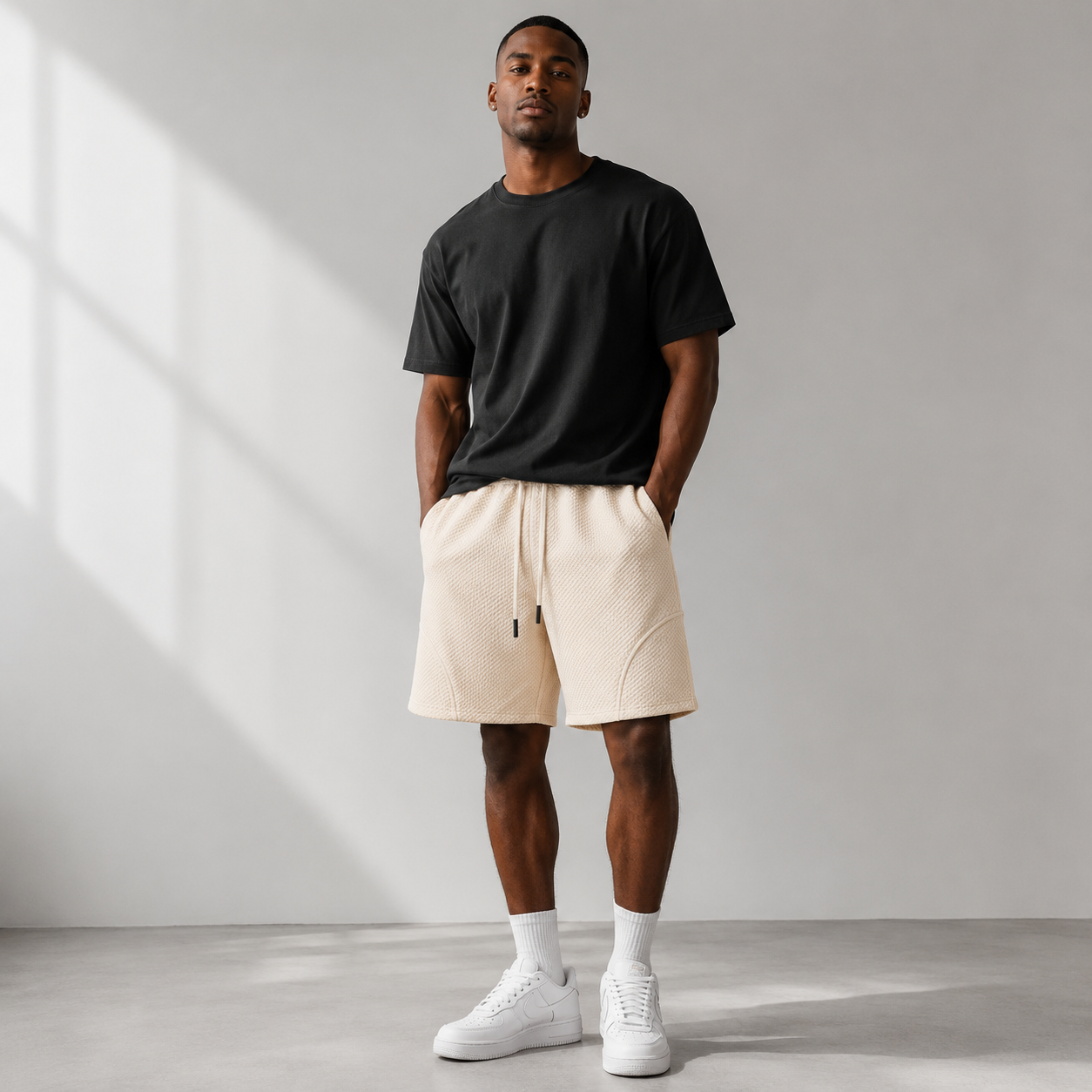 Beige Drift Easy Shorts styled on a male model