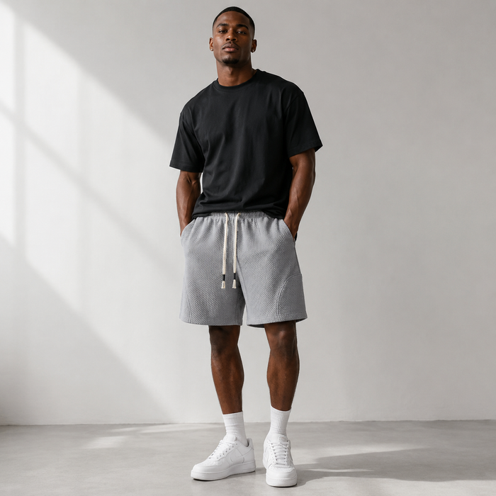 Light gray Drift Easy Shorts styled on a male model