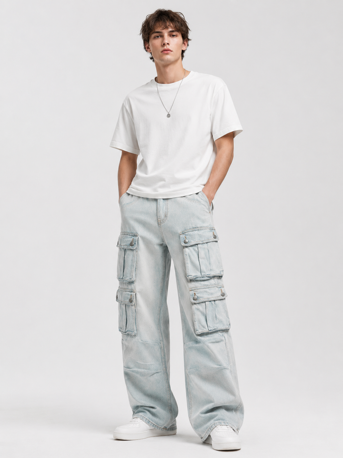 Male model wearing Ellery High-Waist Workwear Jeans — front studio view