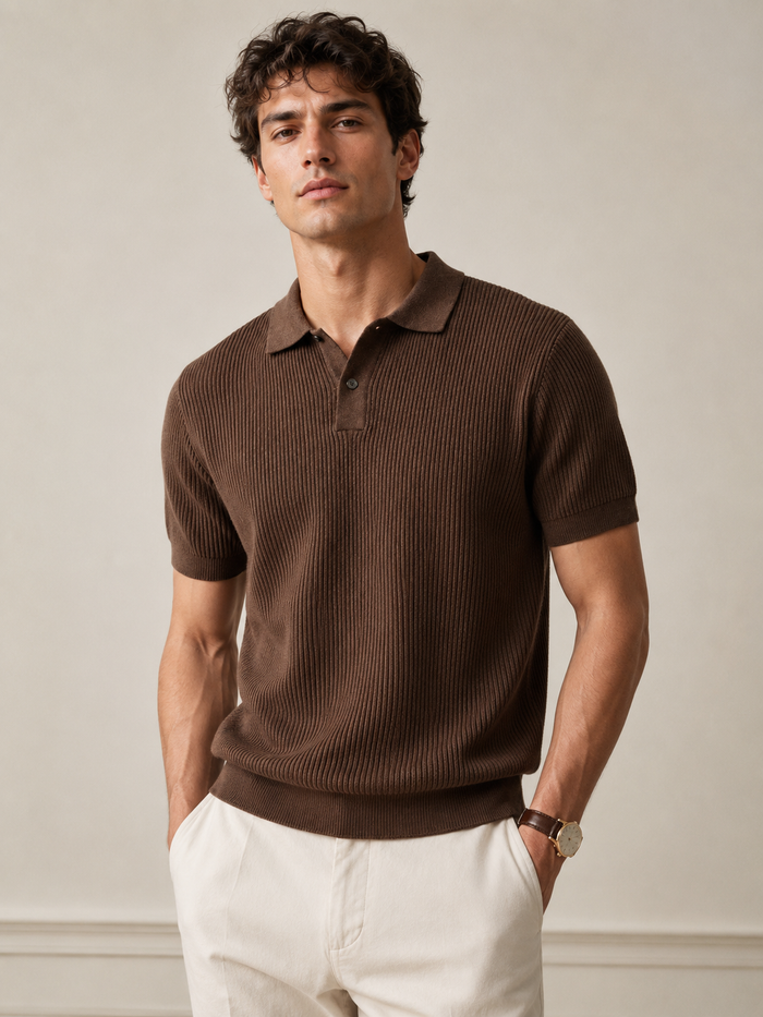 Professional male model wearing the Brown Fallon Cool-Touch Knit Polo