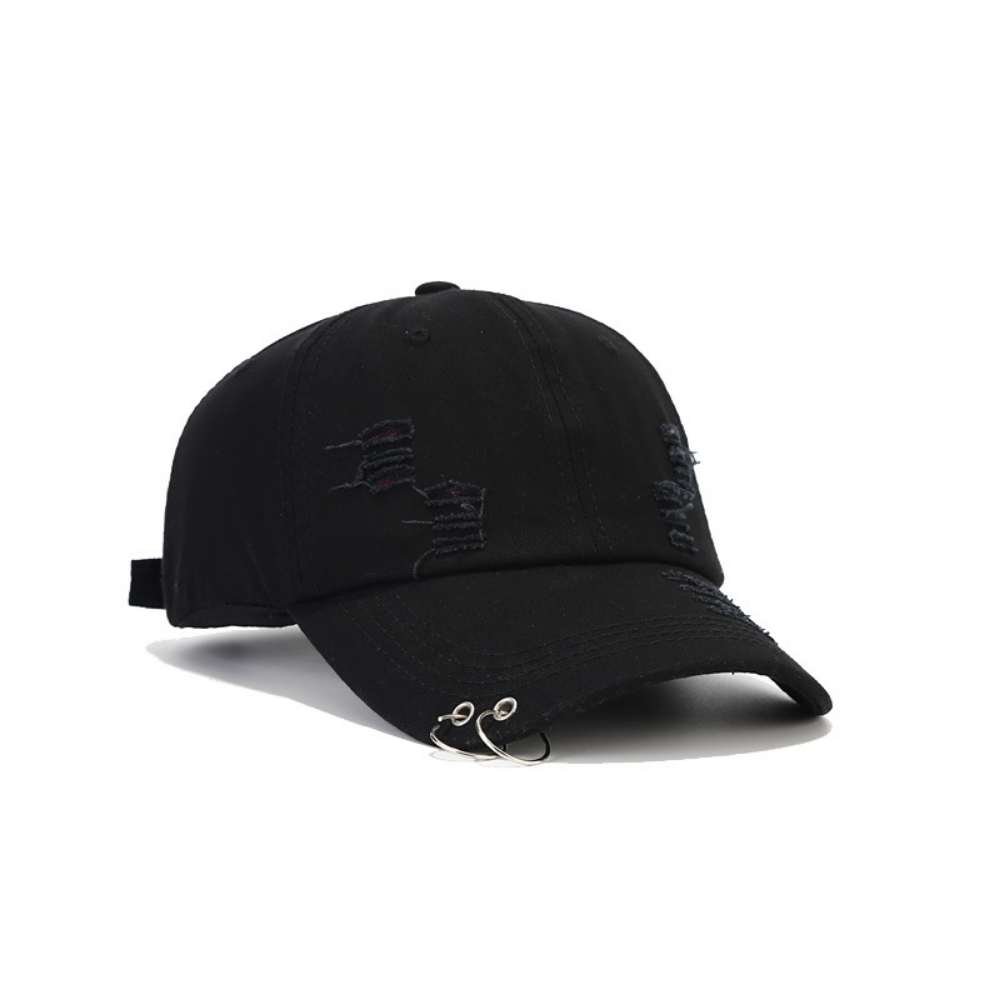 Black Rebel Frayed Denim Cap, product photo