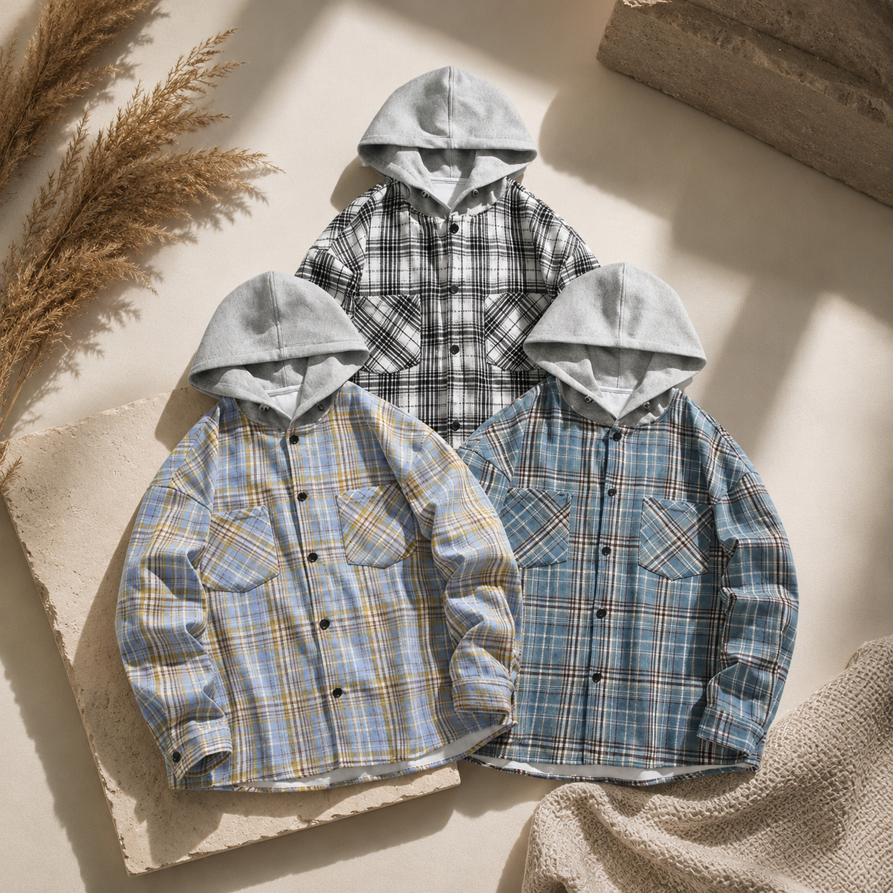 Fleece-lined hooded plaid shirt jacket premium product image