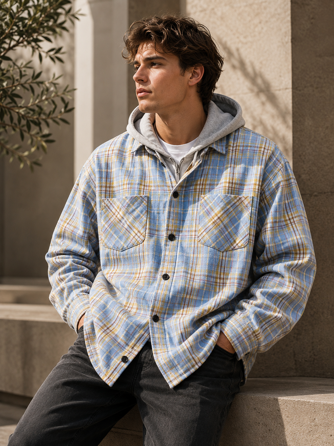 Fleece-lined hooded shirt jacket blue plaid lifestyle image on model