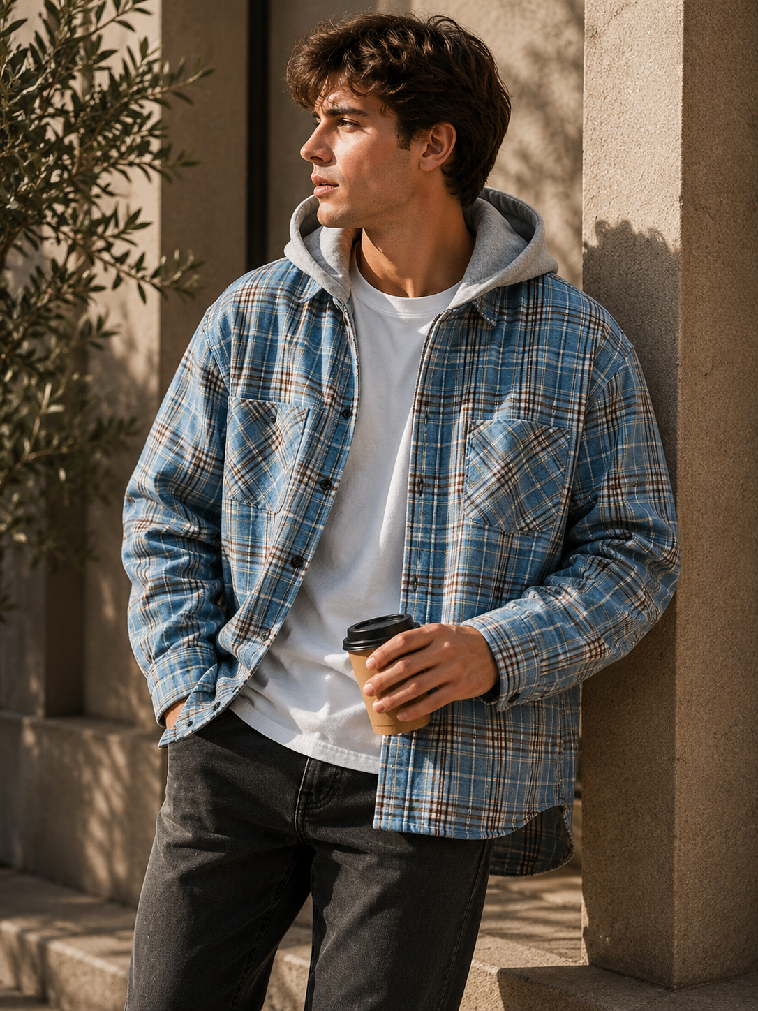 Fleece-lined hooded shirt jacket blue plaid lifestyle image different pose