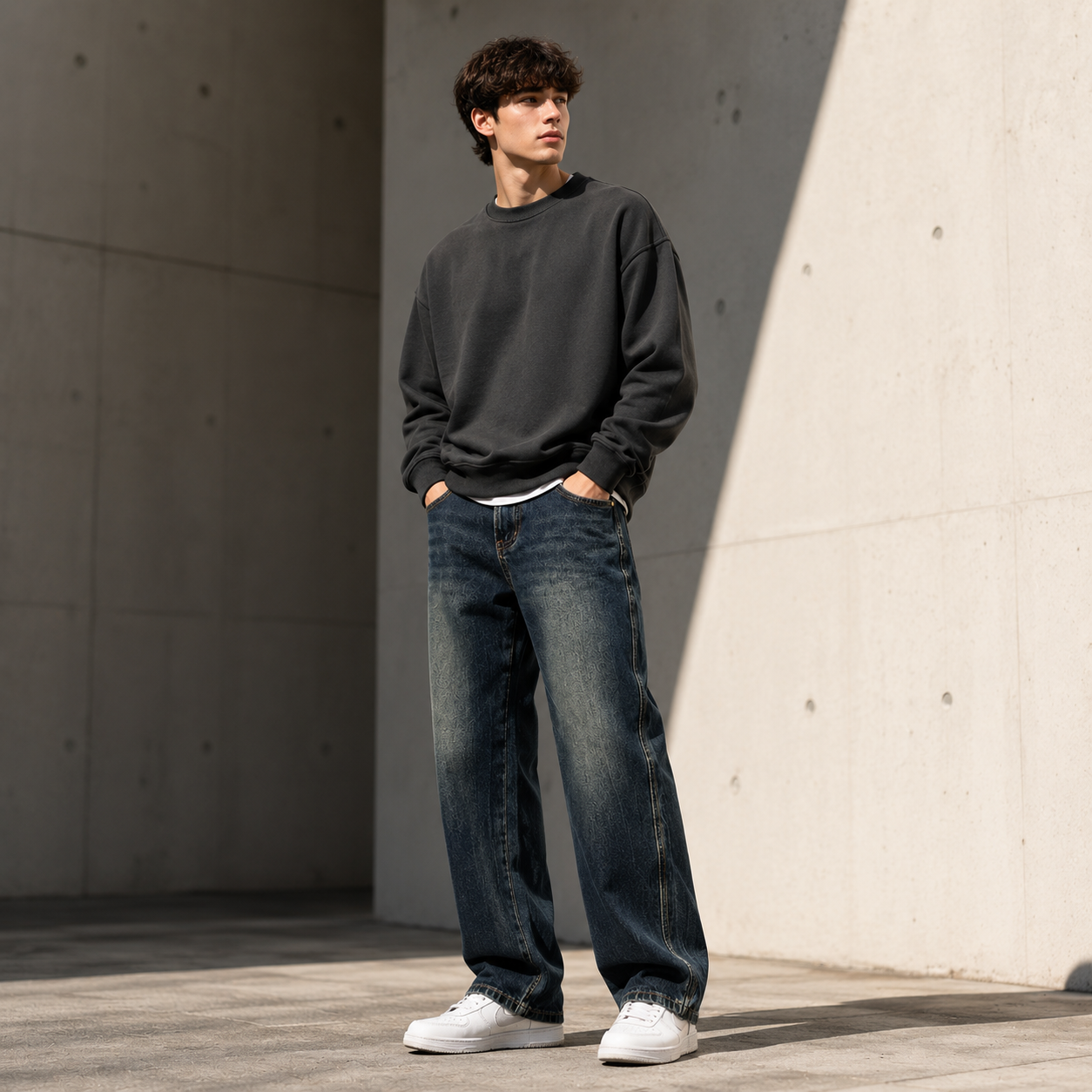 Fleece-Lined Retro Straight Jeans lifestyle model image