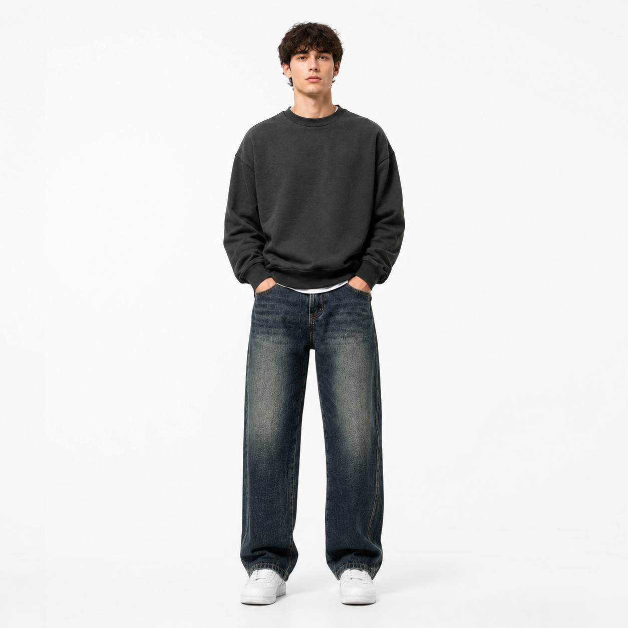 Fleece-Lined Retro Straight Jeans on model front view white background