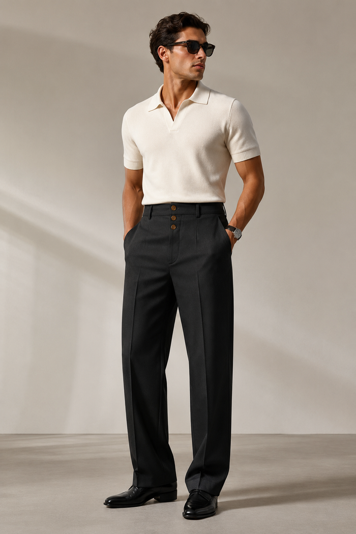 Male model wearing black straight-fit formal trousers in a professional studio