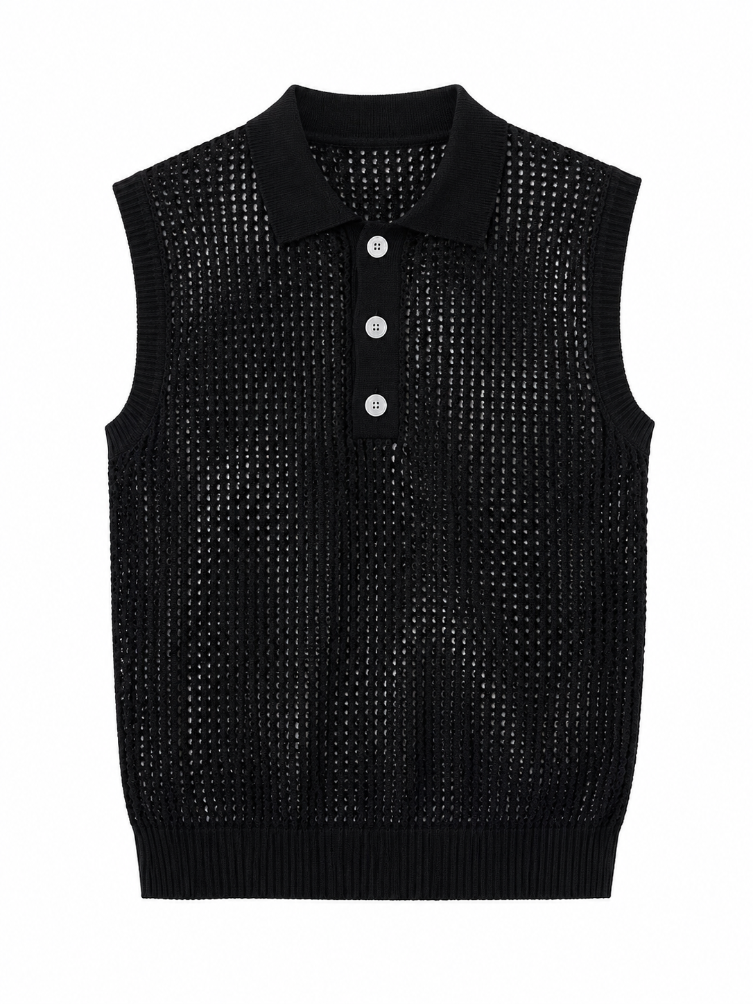 Black open-knit sleeveless Glide top, front view on white background