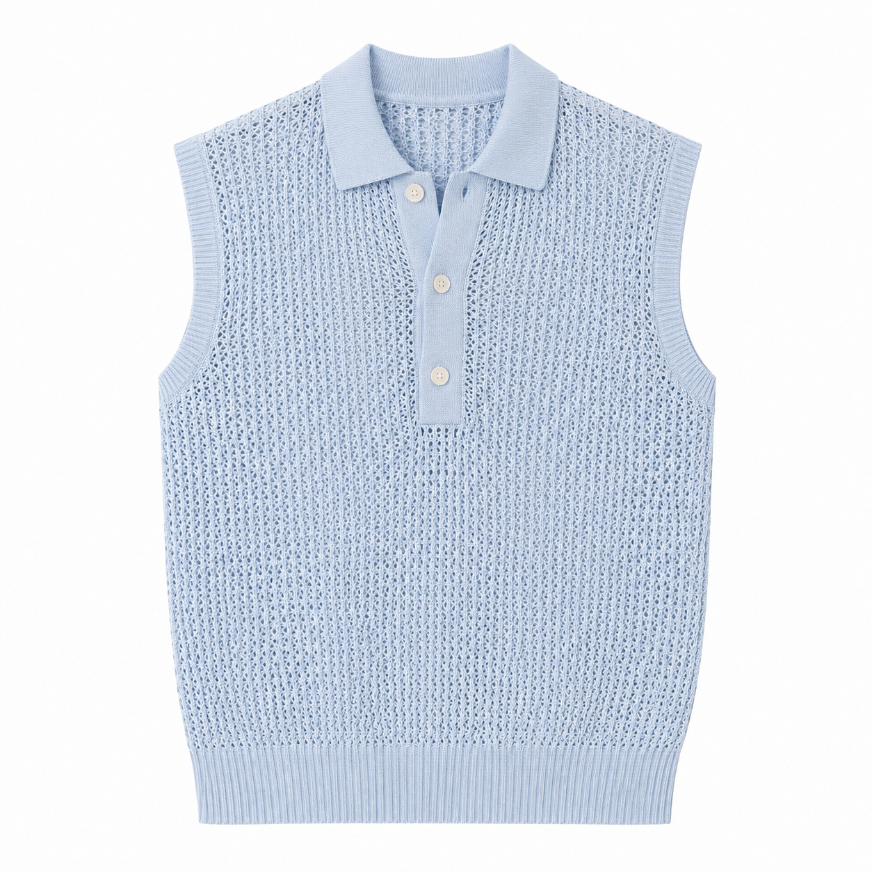 Blue open-knit sleeveless Glide top, front view on white background