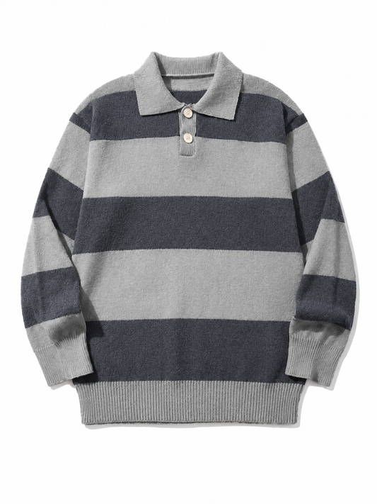 Gray contrast-collar striped knit polo sweater on a white background