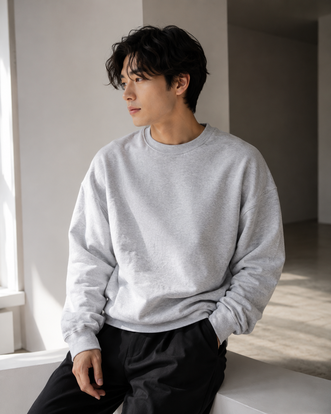 Asian male model wearing gray heavyweight crewneck sweatshirt