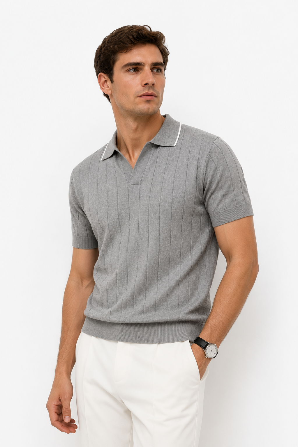 Grey ribbed knit polo styled on male model against white studio background