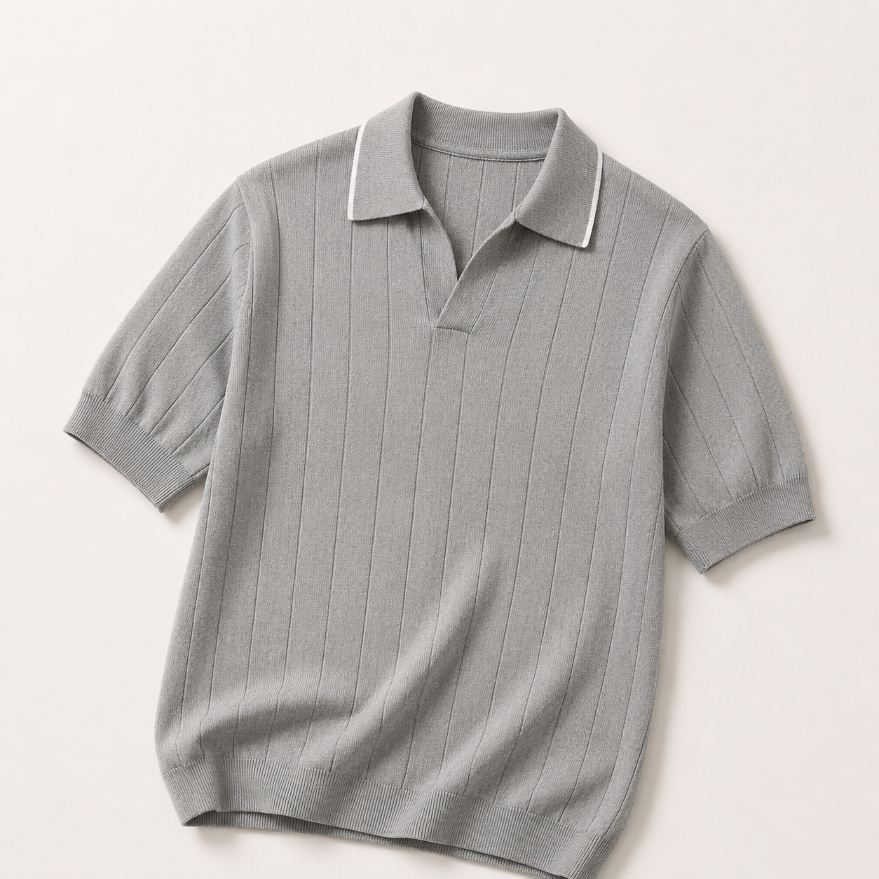 Grey knit polo shirt, flat lay