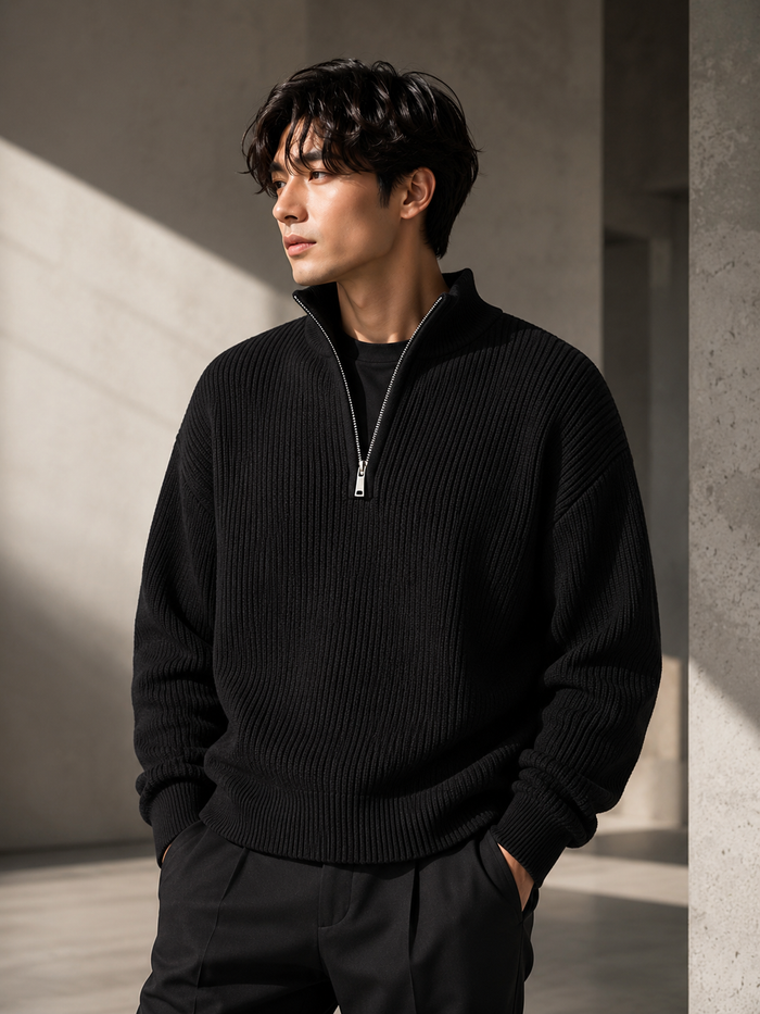 Asian male model wearing black half-zip ribbed sweater