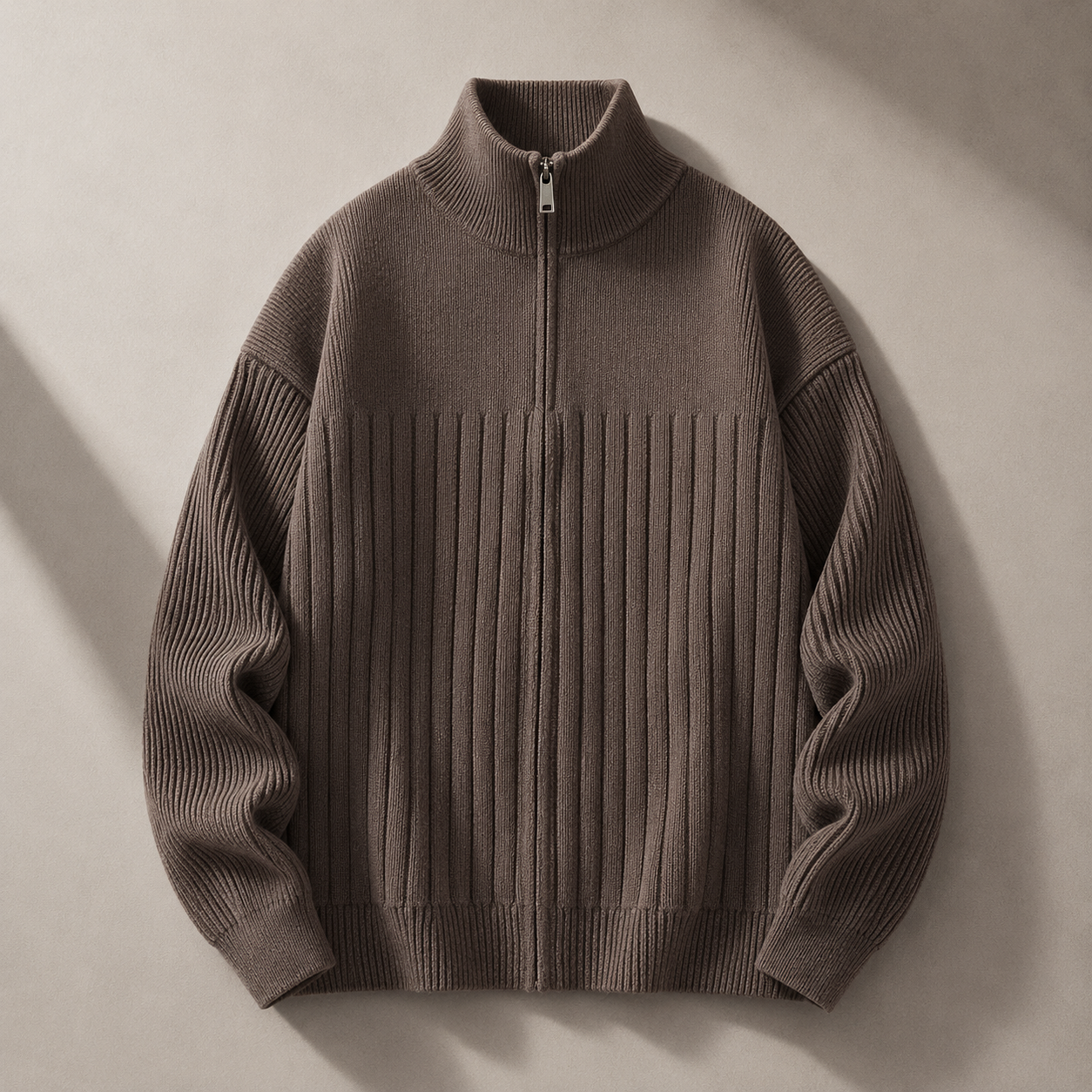 Taupe half-zip ribbed sweater product photo
