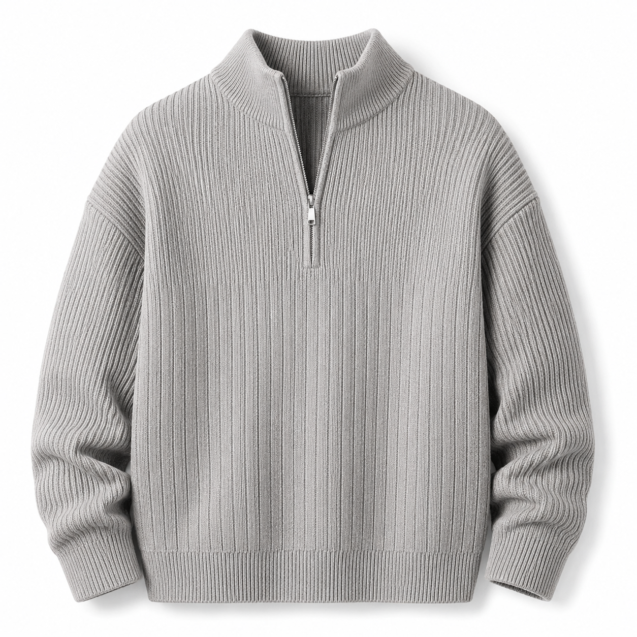 Half-Zip Ribbed Sweater in light gray on white background