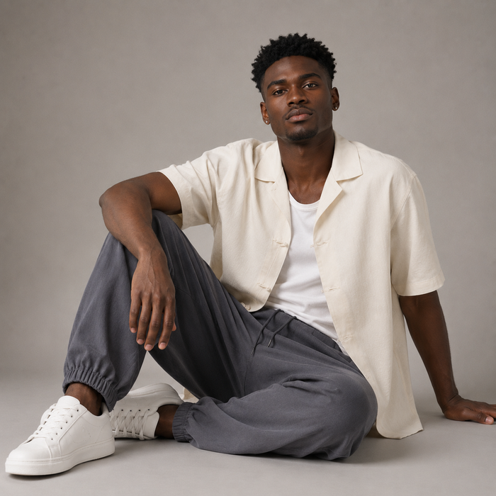 Gray Harbor Tapered Trousers styled on a seated male model