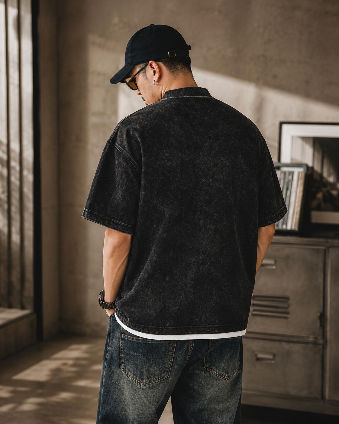 Male model wearing Heavyweight Retro Short-Sleeve Polo back view