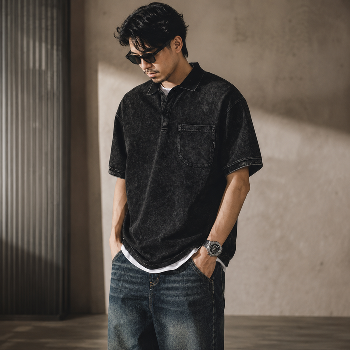 Male model wearing Heavyweight Retro Short-Sleeve Polo front view