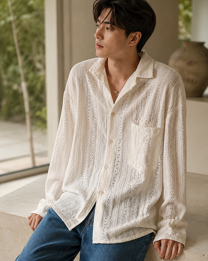 Male model wearing ivory hollow-knit luxury long-sleeve shirt