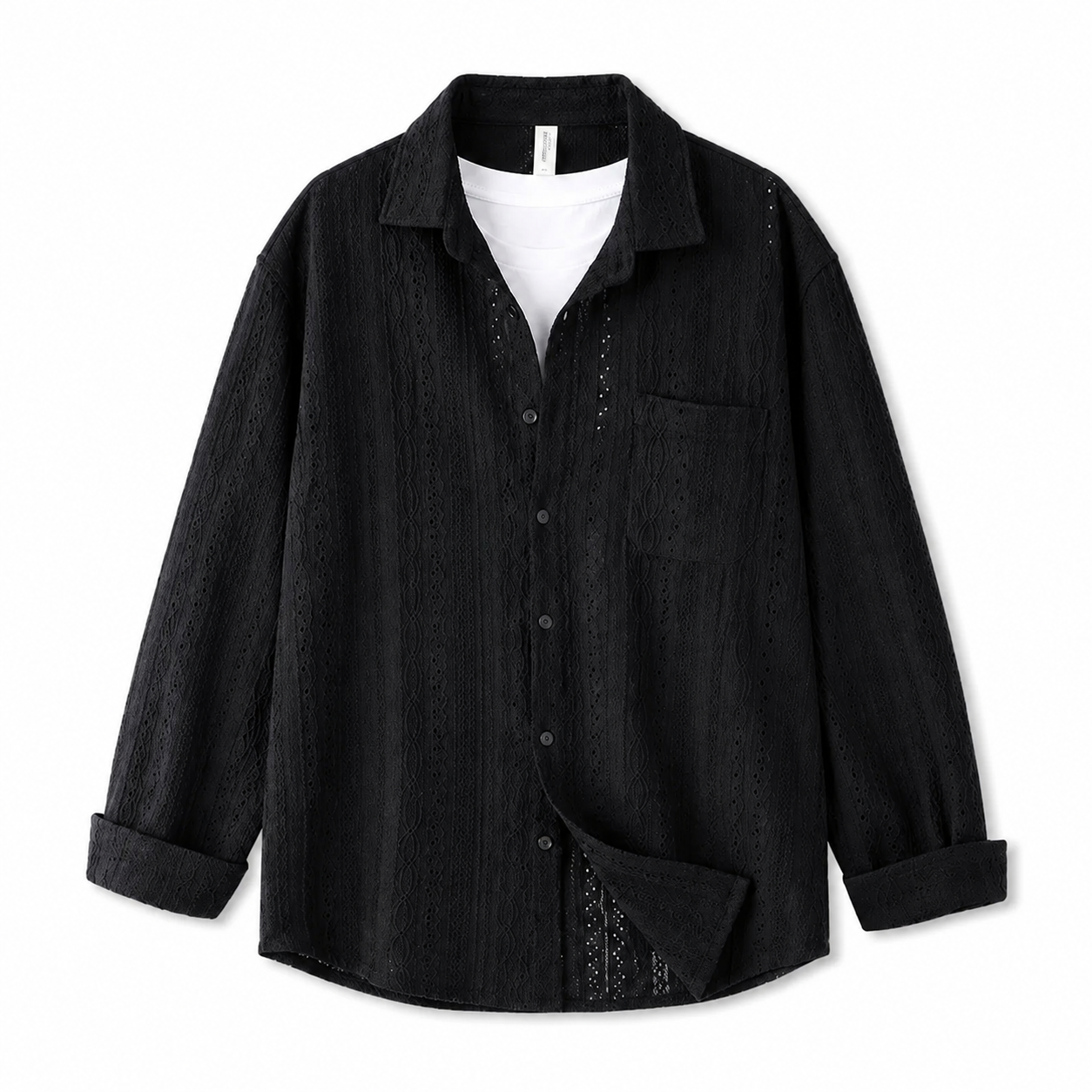 Black hollow-knit luxury long-sleeve shirt on white studio background