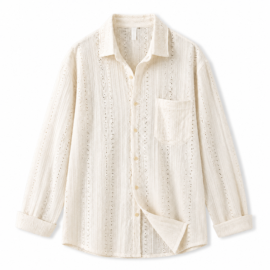 Ivory hollow-knit luxury long-sleeve shirt on white studio background