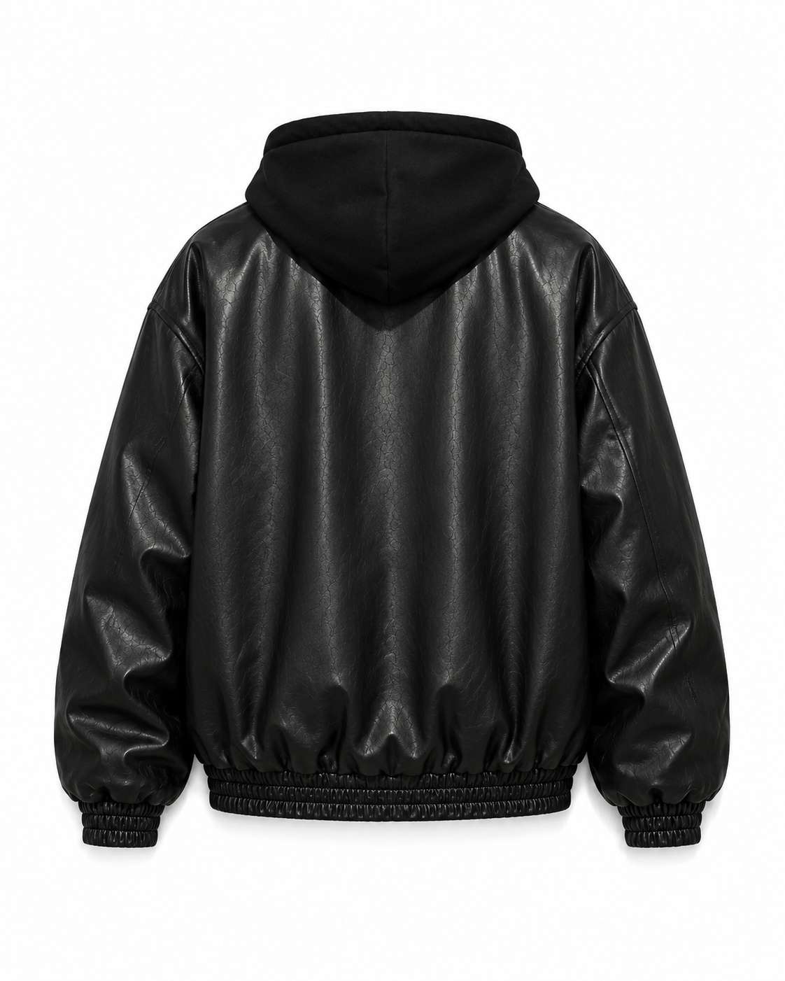 Hooded Faux-Leather Puffer Jacket back view on white background