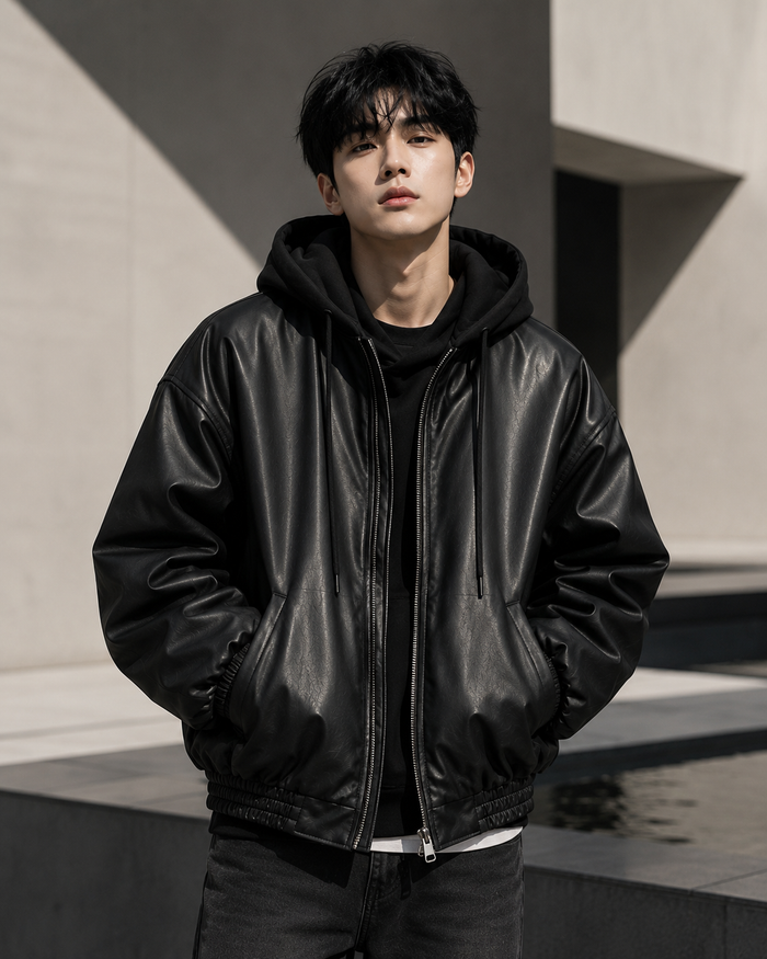 Hooded faux-leather puffer jacket front view on model