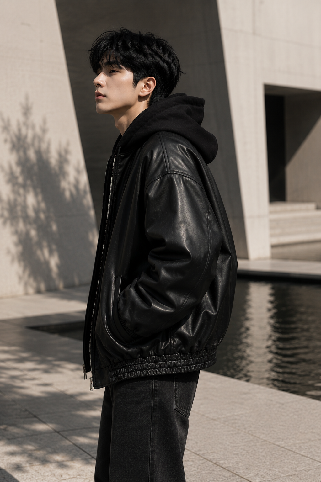 Hooded faux-leather puffer jacket side view on model