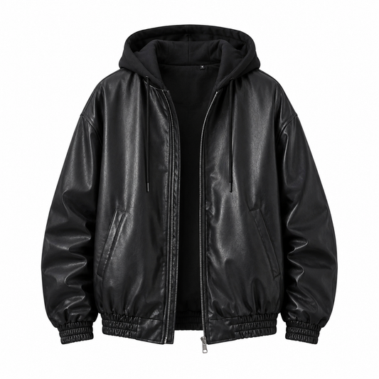 Hooded Faux-Leather Puffer Jacket front product-only white background