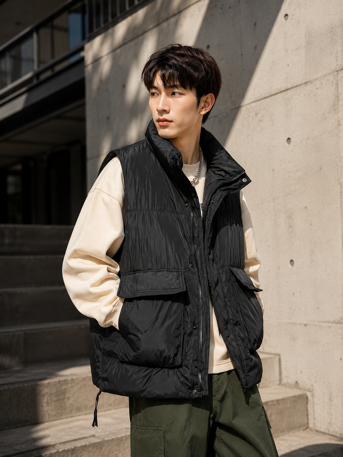 Insulated down vest black urban lifestyle ad image