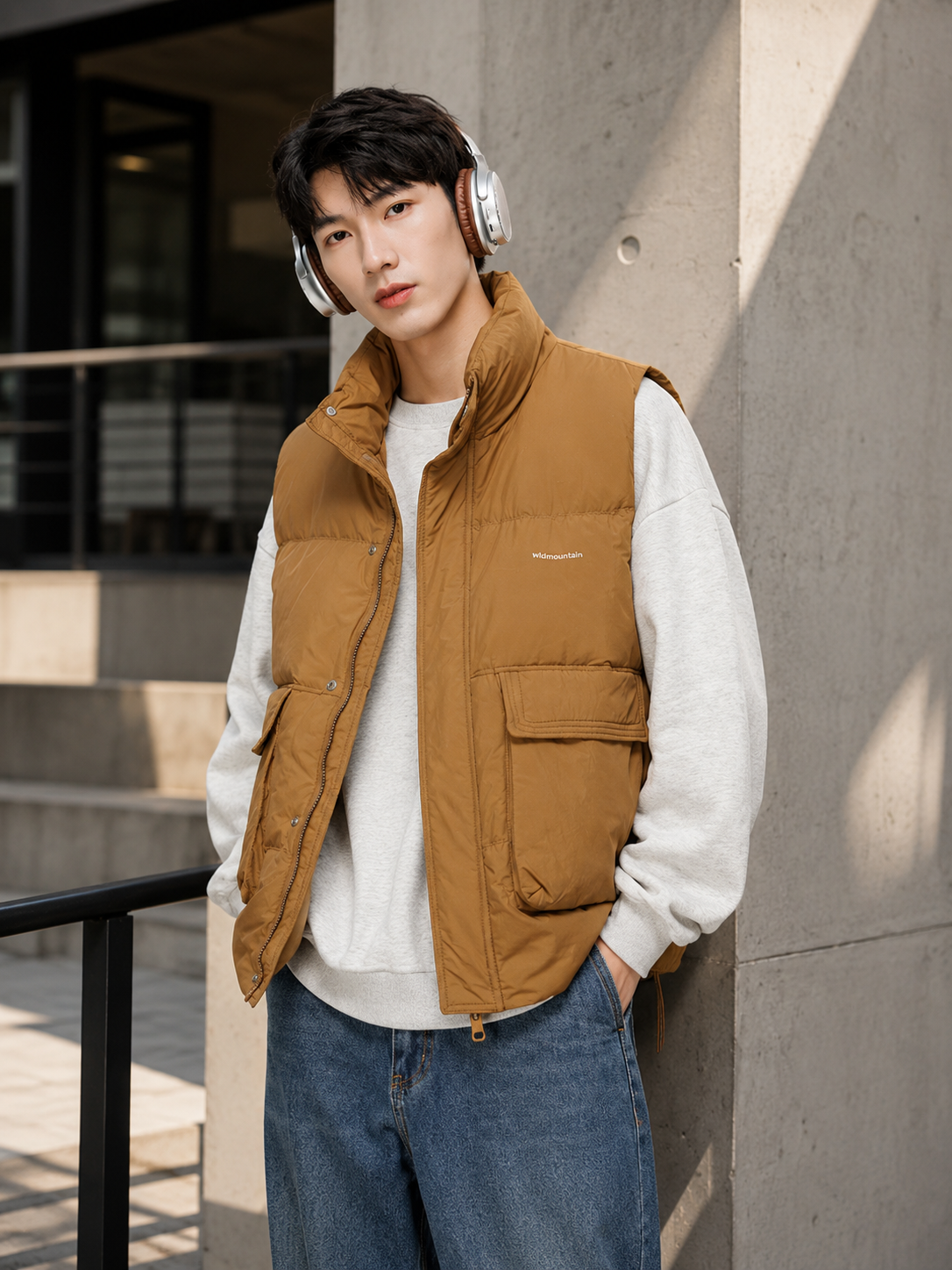 Insulated down vest camel urban lifestyle ad image
