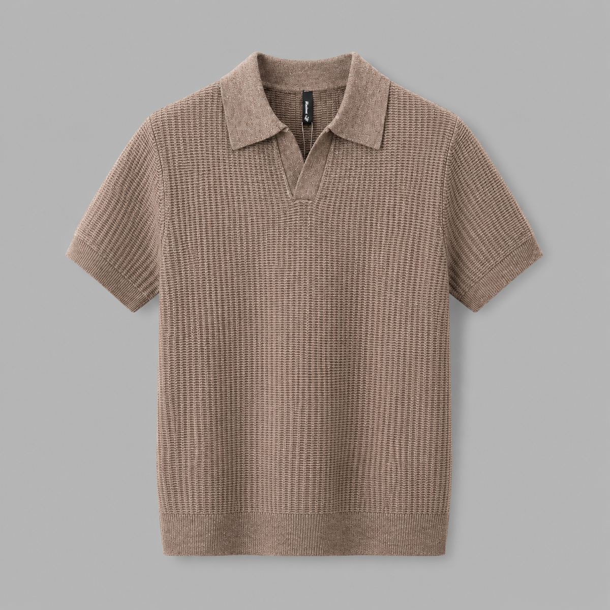 Brown Ivy Knitted Polo, front view on neutral gray background