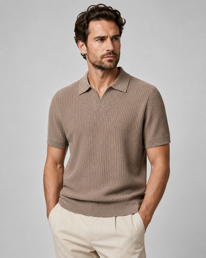 Brown Ivy Knitted Polo styled on a male model, front view