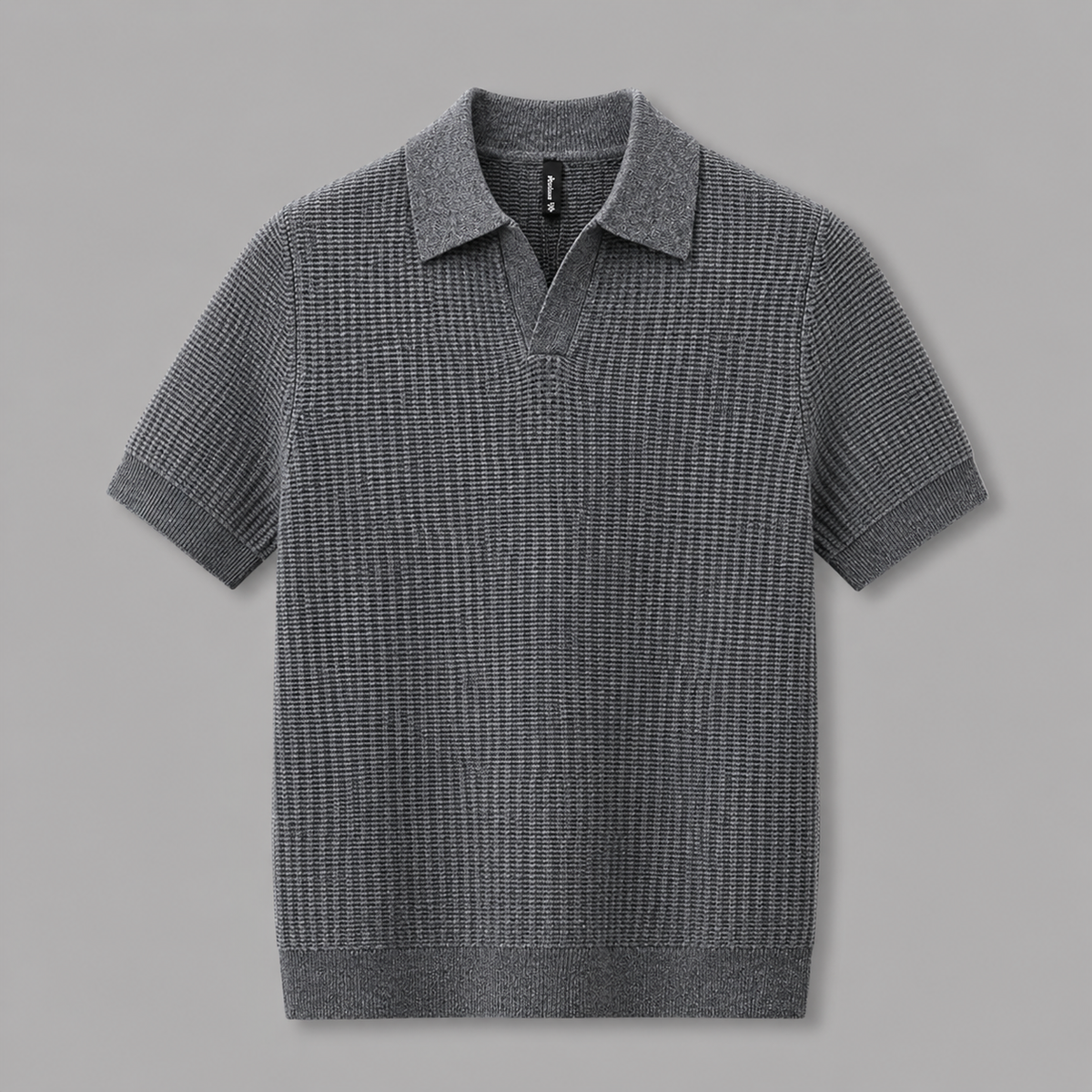 Gray Ivy Knitted Polo, front view on neutral gray background