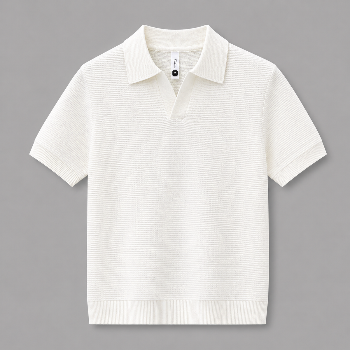 White Ivy Knitted Polo, front view on neutral gray background