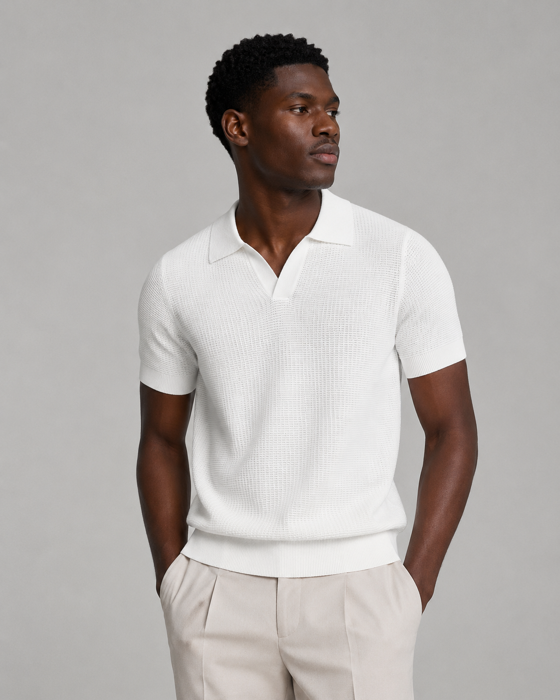 White Ivy Knitted Polo styled on a male model, front view