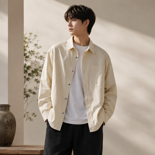 Japanese Long-Sleeve Work Shirt apricot color on male model
