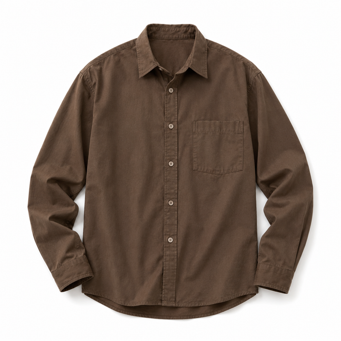 Japanese Long-Sleeve Work Shirt brown flat lay on white background