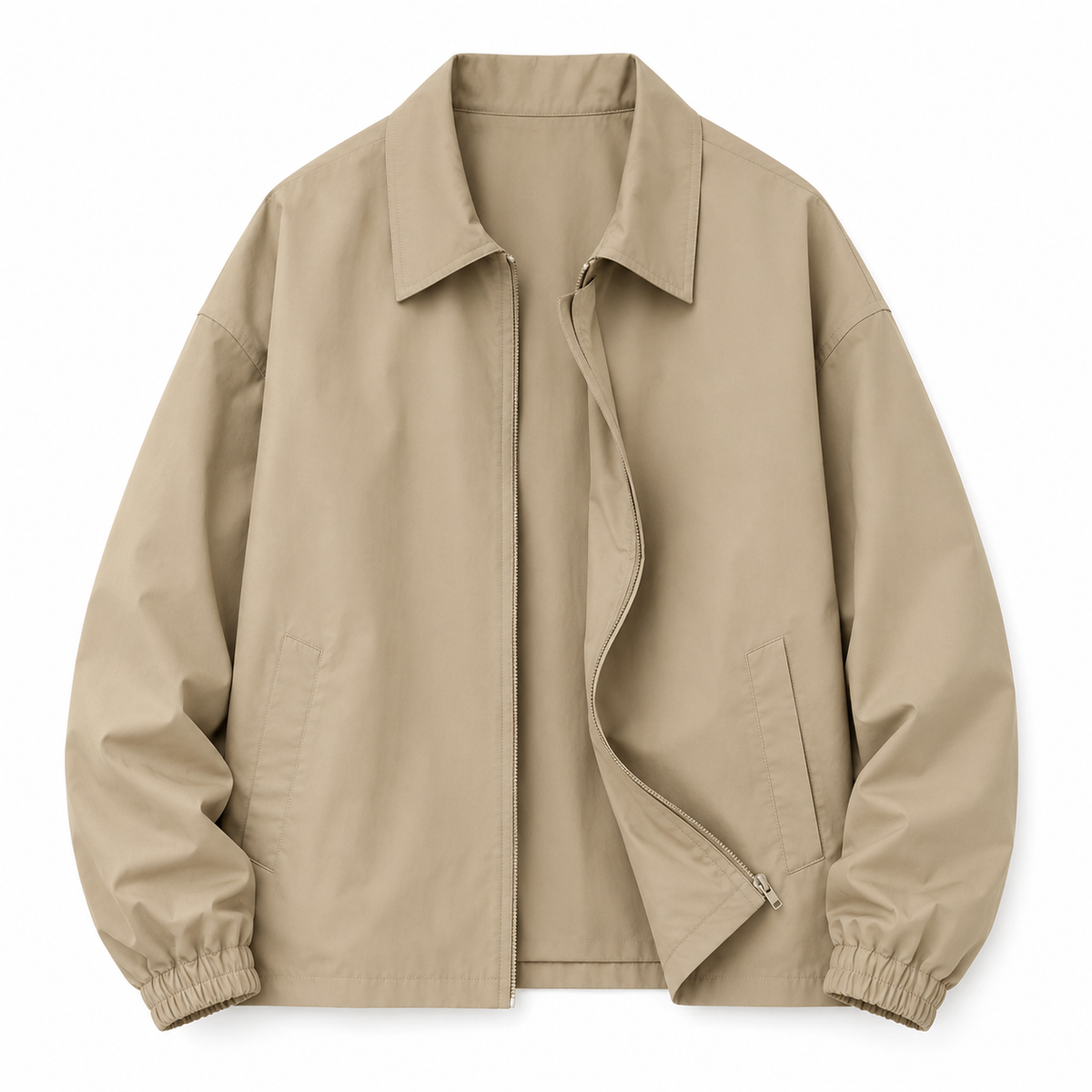 Men's khaki lapel zip jacket, front view on white background