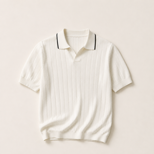 White ribbed knit polo shirt with black collar piping, flat lay