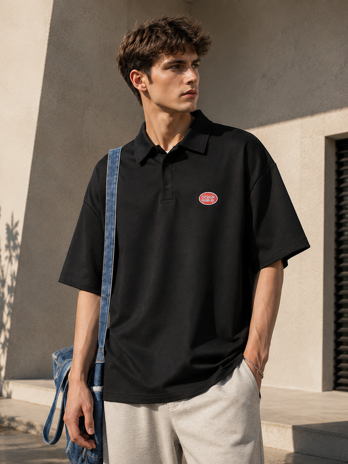 European male model wearing Lapel Short-Sleeve Polo Tee front view