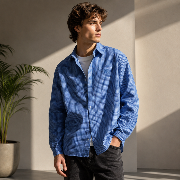Male model wearing Letter-Print Long-Sleeve Casual Shirt front view