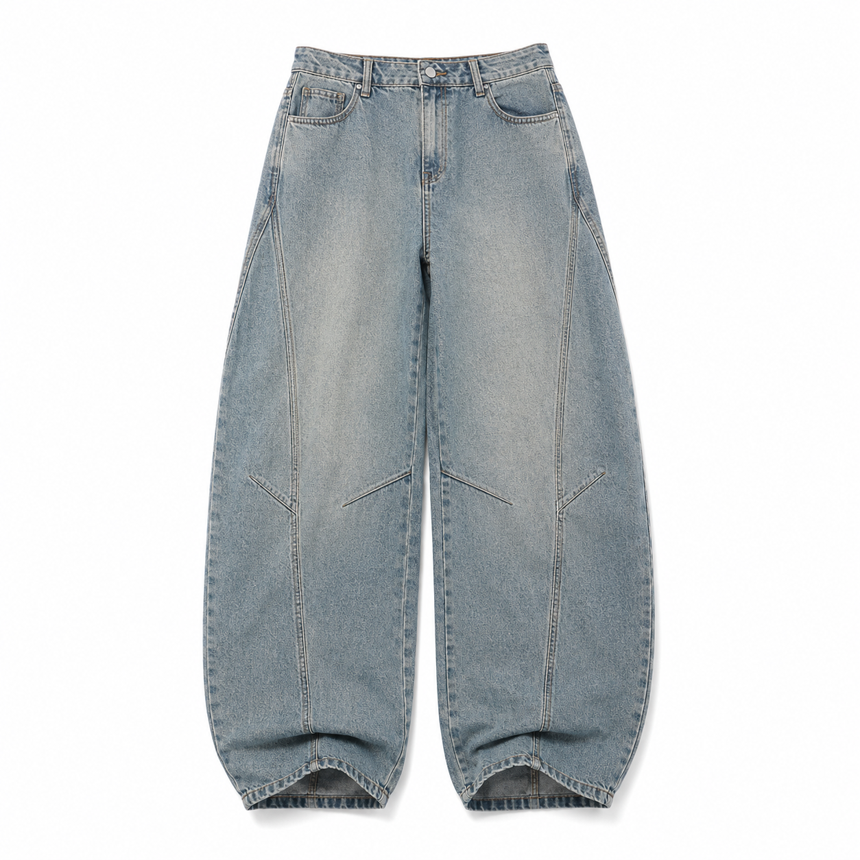 Light-wash loose straight-leg utility jeans, front view on a white background