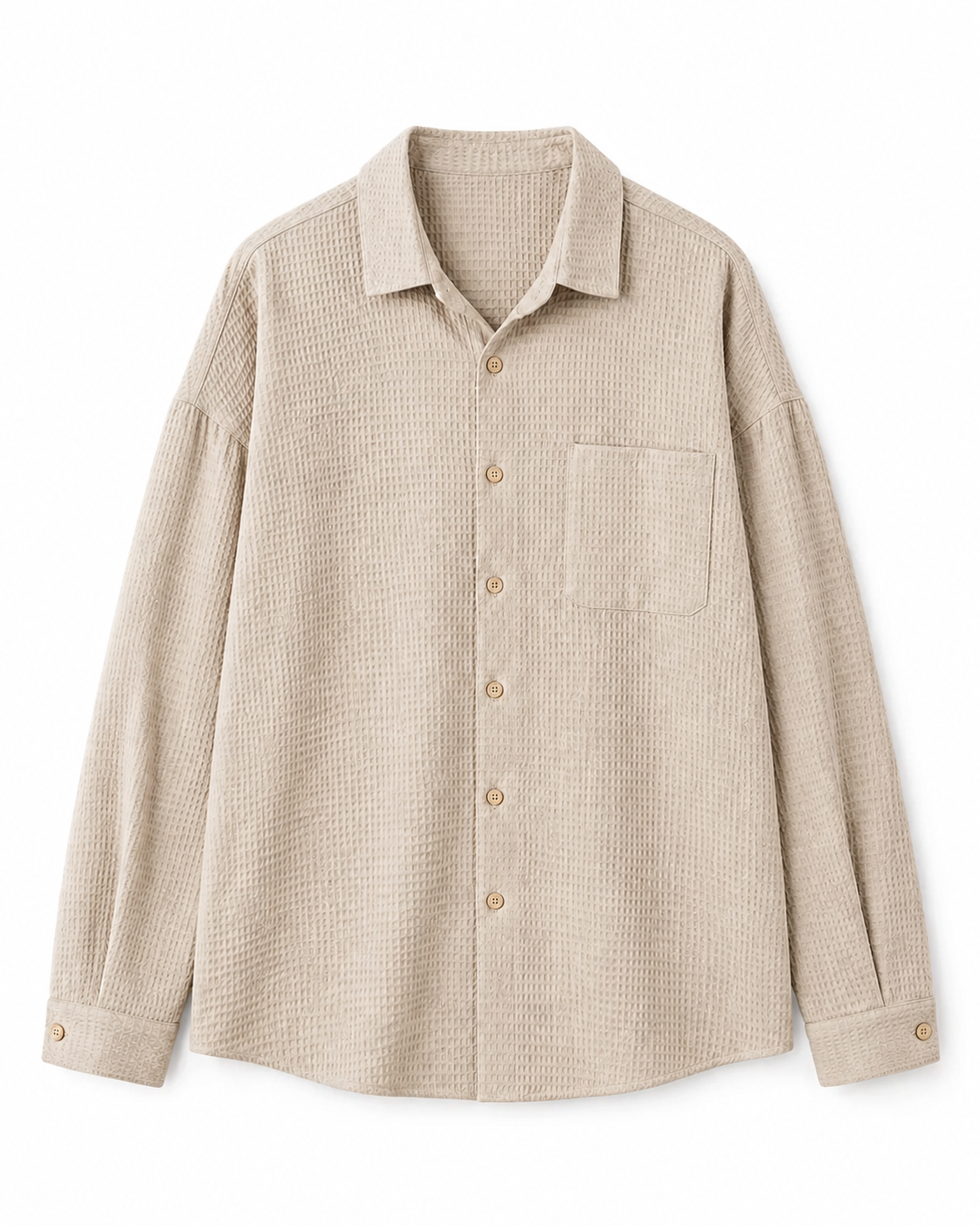 Beige linen non-iron long-sleeve shirt on white studio background