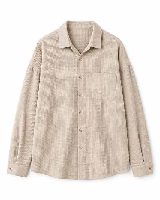 Beige linen non-iron long-sleeve shirt on white studio background