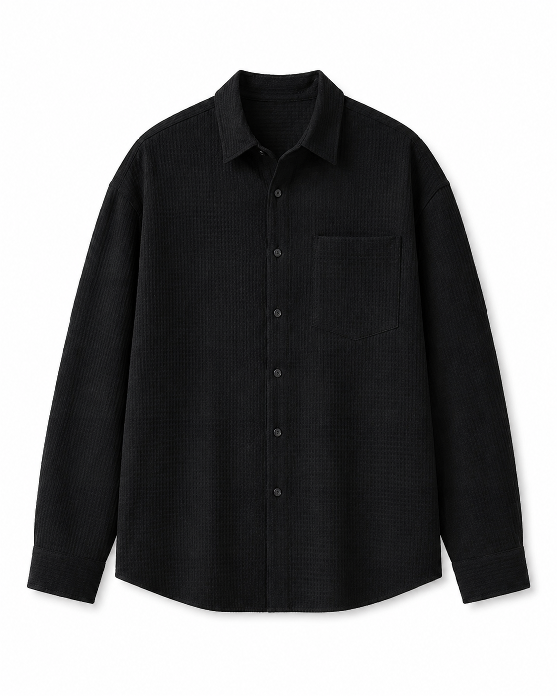 Black linen non-iron long-sleeve shirt on white studio background