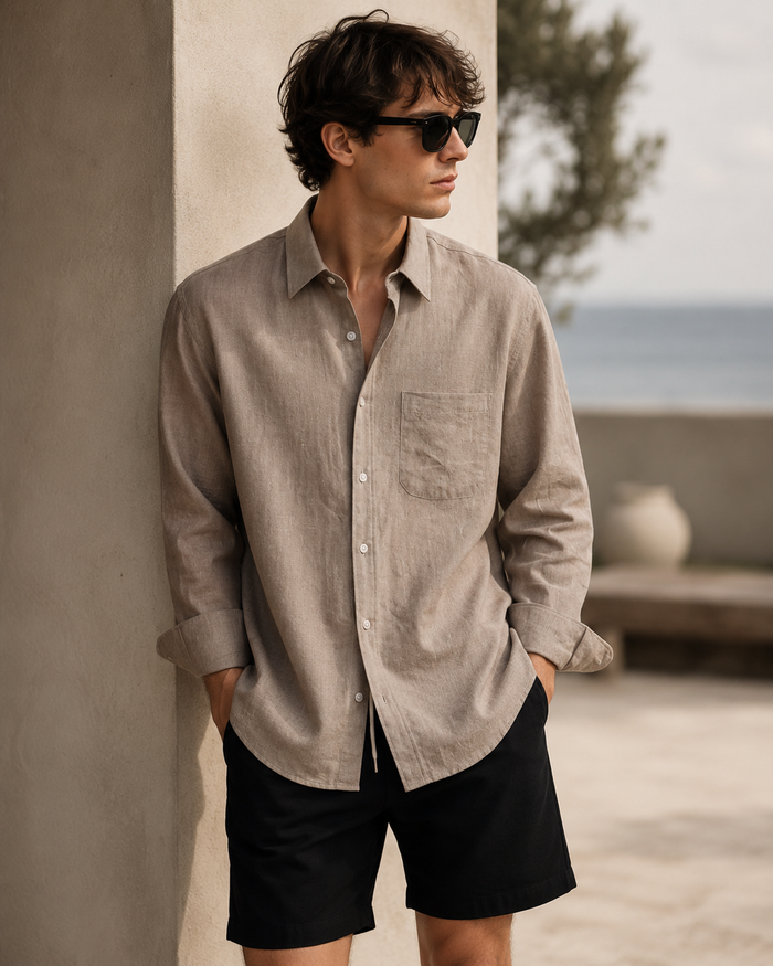 Male model wearing linen non-iron long-sleeve shirt