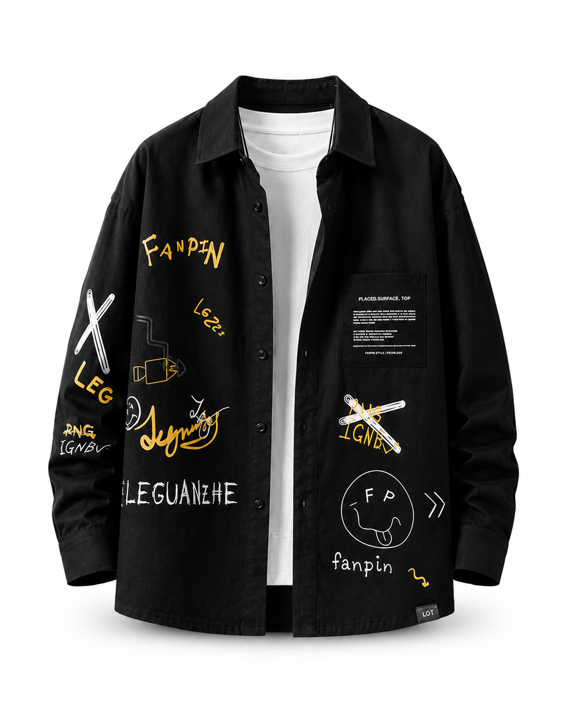 Black graphic long-sleeve utility casual shirt on white studio background