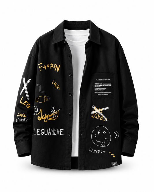 Black graphic long-sleeve utility casual shirt on white studio background